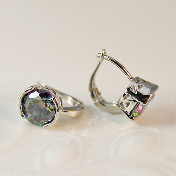 Jewelry - 18K White Gold Filled Mystic Rainbow Zircon Dangle Hoop Earrings 8mm